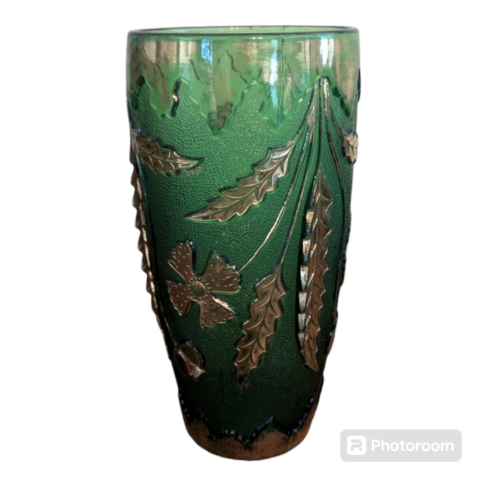 Antique 1899 EAPG USA Glass Co Emerald Green Gold #15065 Delaware Pattern Vase